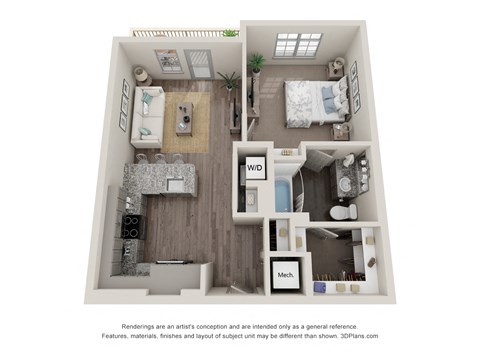Floor plan for 1 bed, 1 bath, 713 sqft
